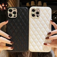 luxury leather phone case for apple iphone 11 12 13 pro x xr xs max 7 8 plus se2 lens with diamond all inclusive anti fall cover