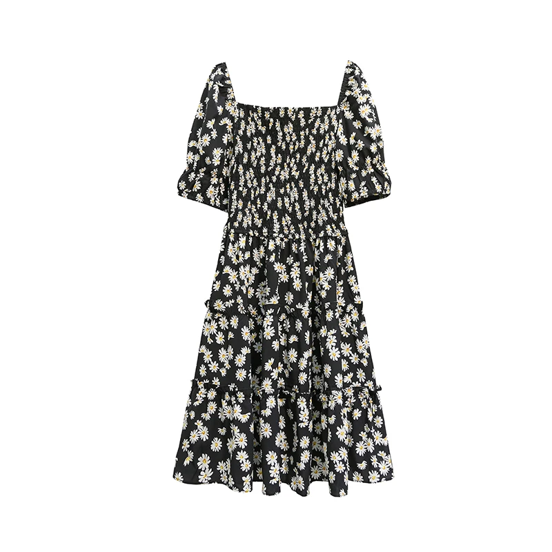 

plus size Women Floral Folds Dress Korean Slash Neck Puff Sleeve A Line Dress 2021 Vacation Beach Short Dress Summer New