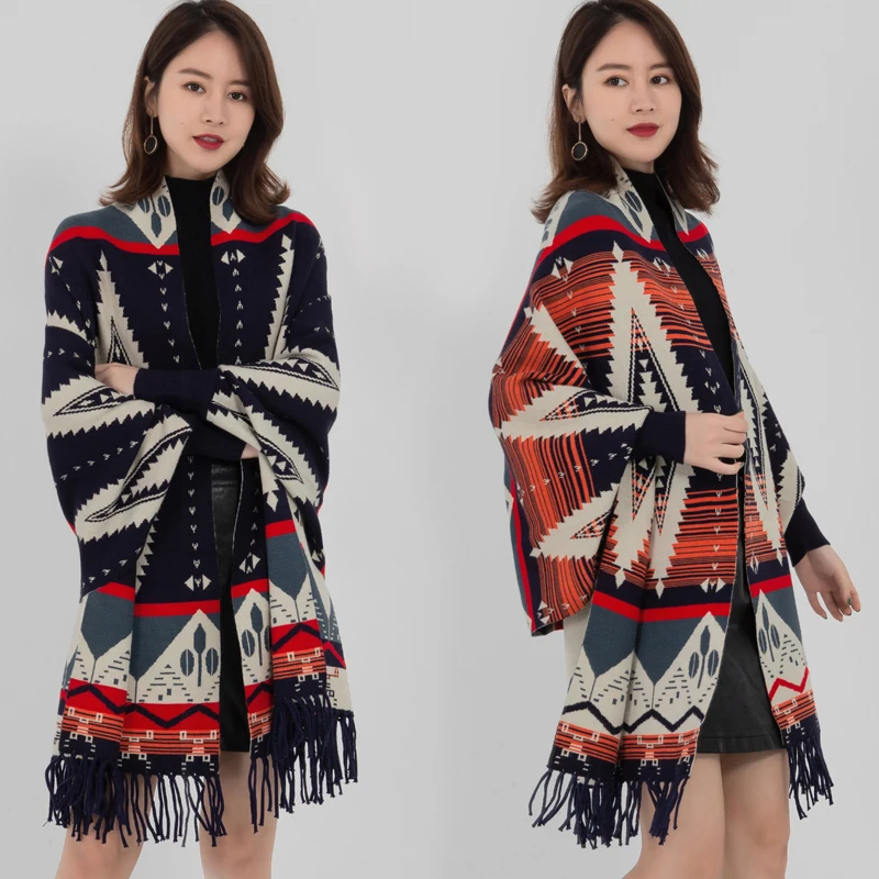 

ZJZLL Noble And Elegant Colorblock Geometry Knitted Tassel Shawl With Sleeves Female Autumn Winter Foreign Style Women Poncho