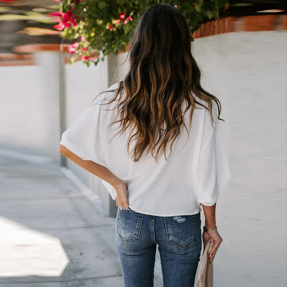 LOUIS JASON 2020 Summer Women's Shirts Tops Casual Tie Sleeve Wrap Loose V Neck Women chiffon shirt Blouses | Женская одежда