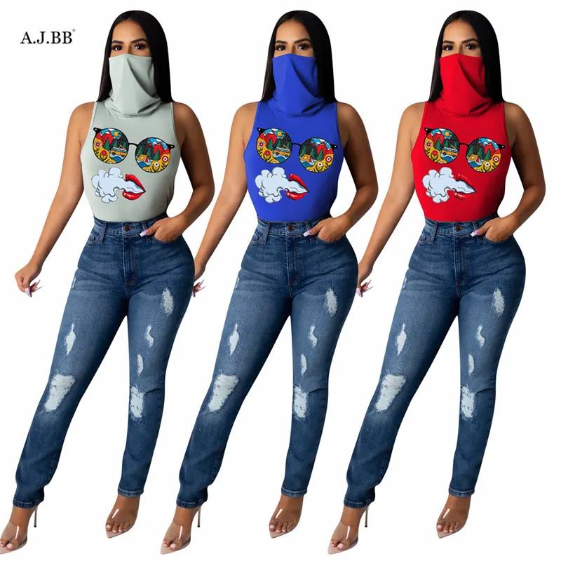 

Europe and America leisure solid color cartoon printing women's T-shirt fashion slim high collar sleeveless shirt