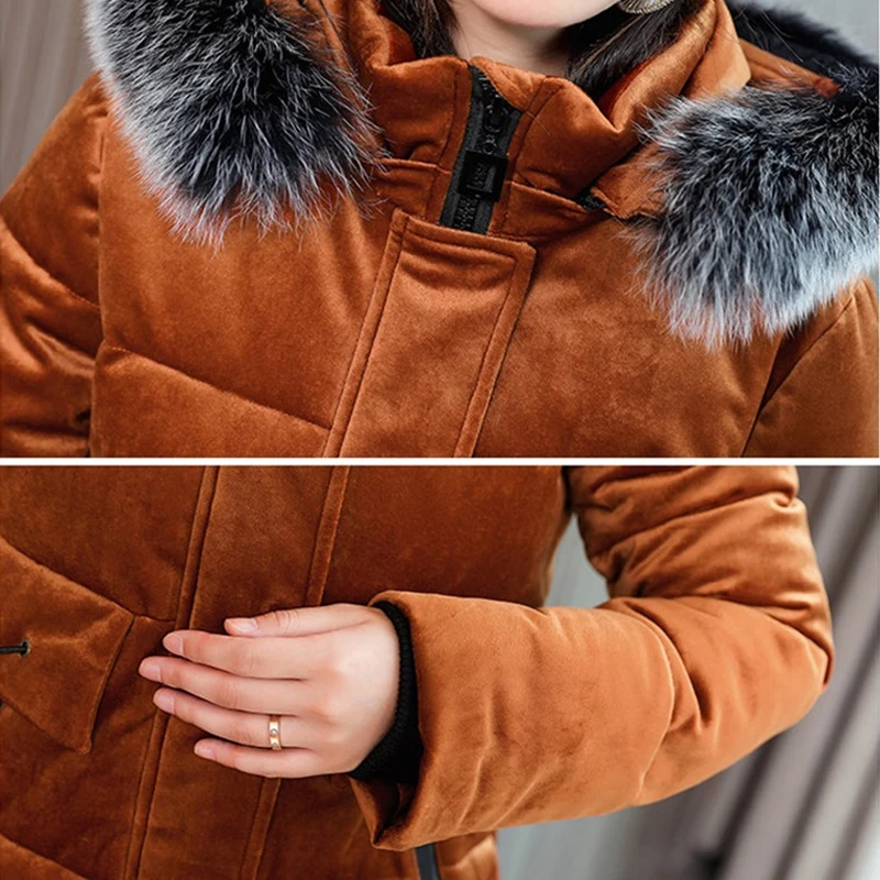 Большой размер, L-6XL, зимняя утепленная хлопковая куртка, новинка, женские длинные парки с капюшоном, пальто с меховым воротником, Повседневная теплая верхняя одежда R1032