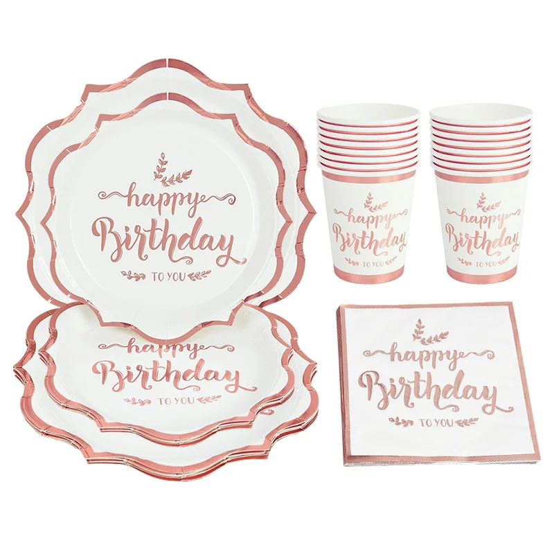 Rose Party Disposable Tableware Set Paper Plate Cup Napkins Kid Girl Happy Birthday Party Baby Shower Favors Decorations