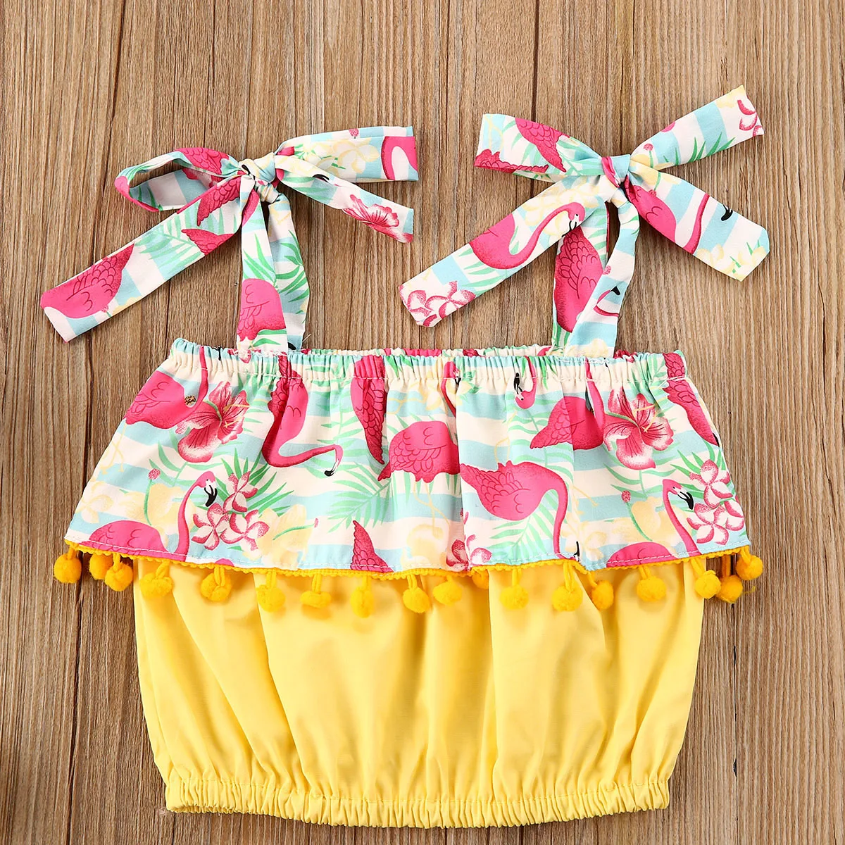 Летняя одежда для маленьких девочек 2 шт. модный кроп топ с помпонами и ремешками +