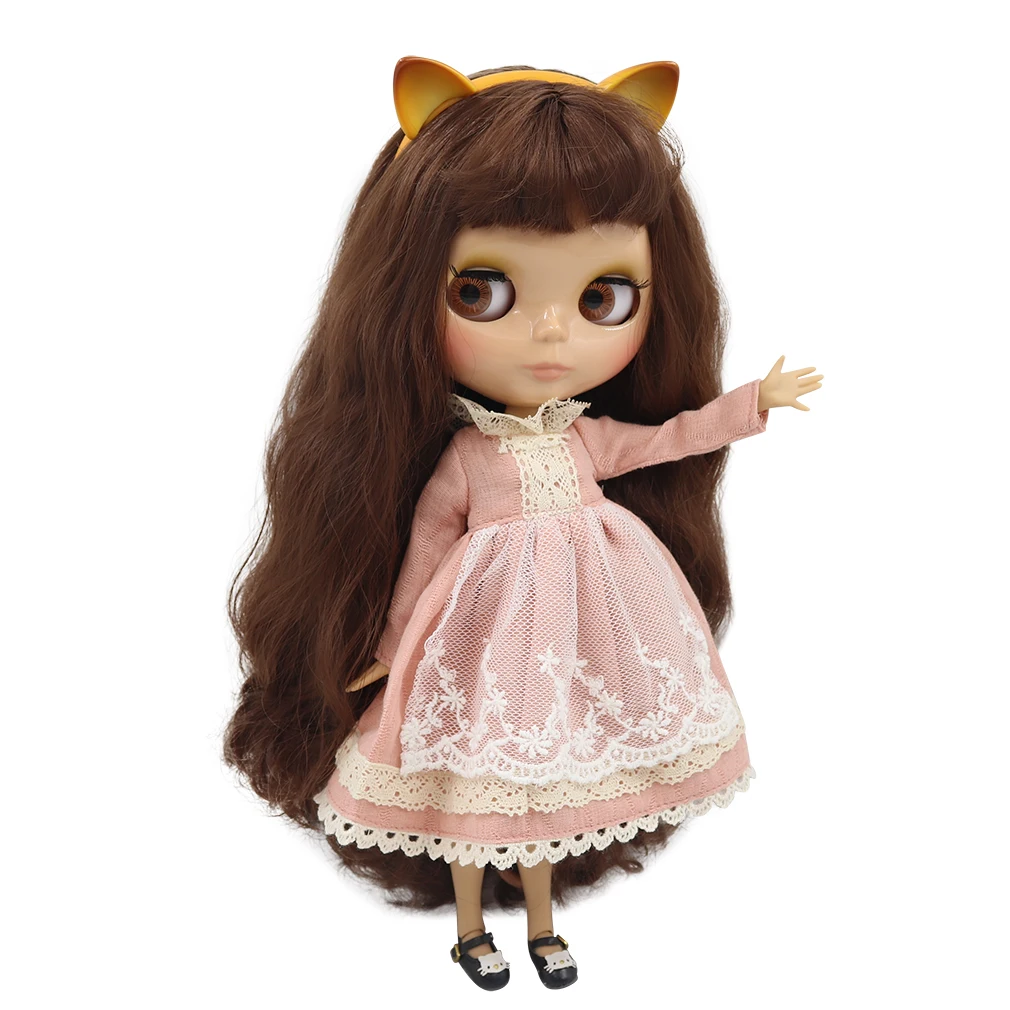1/6 фабричная кукла blyth, игрушка из коричневых волос с челкой, загорелая кожа, повязка на голову для кошки, красное платье, обувь для кошки, комбинация 1/6, 30 см