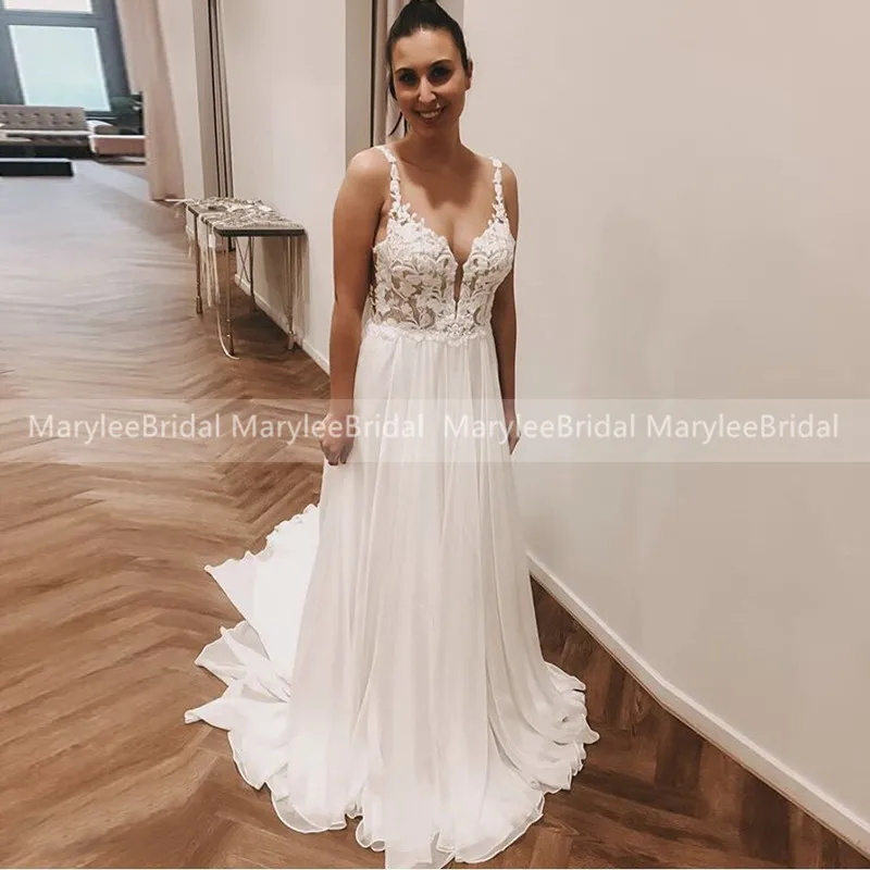 

Chiffon Boho Wedding Dresses Deep V-neck Appliques Spaghetti Straps suknia lubna Beach Bridal Gowns Transparent Wedding Gowns