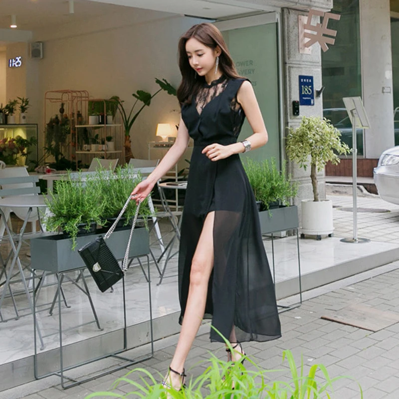 

Lace Patchwork Summer Dress Korean Style Chiffon Dress Hem Spllit High Waist Slim Thin Woman Dress Black T0174