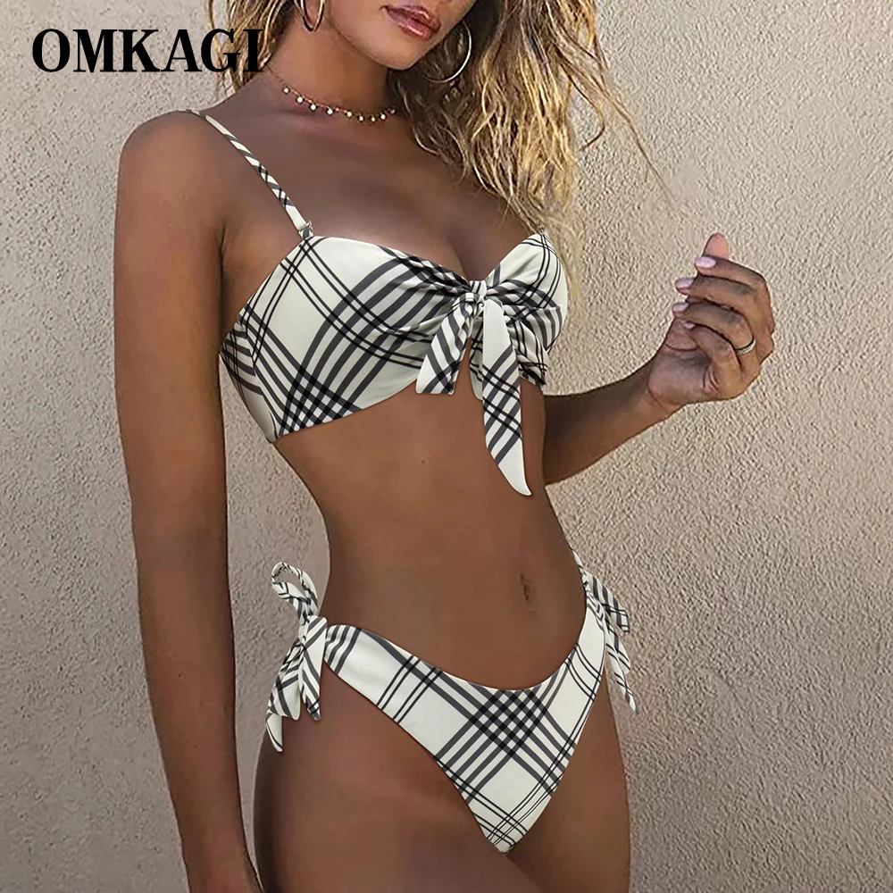 OMKAGI стринги бикини в клетку белый комплект Бандо купальник для женщин