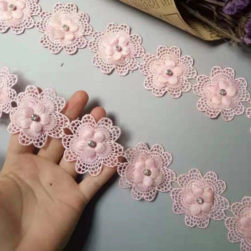 1 ярд розовый жемчуг 3D цветок кисточка кружевная отделка Лента ткань вышитая