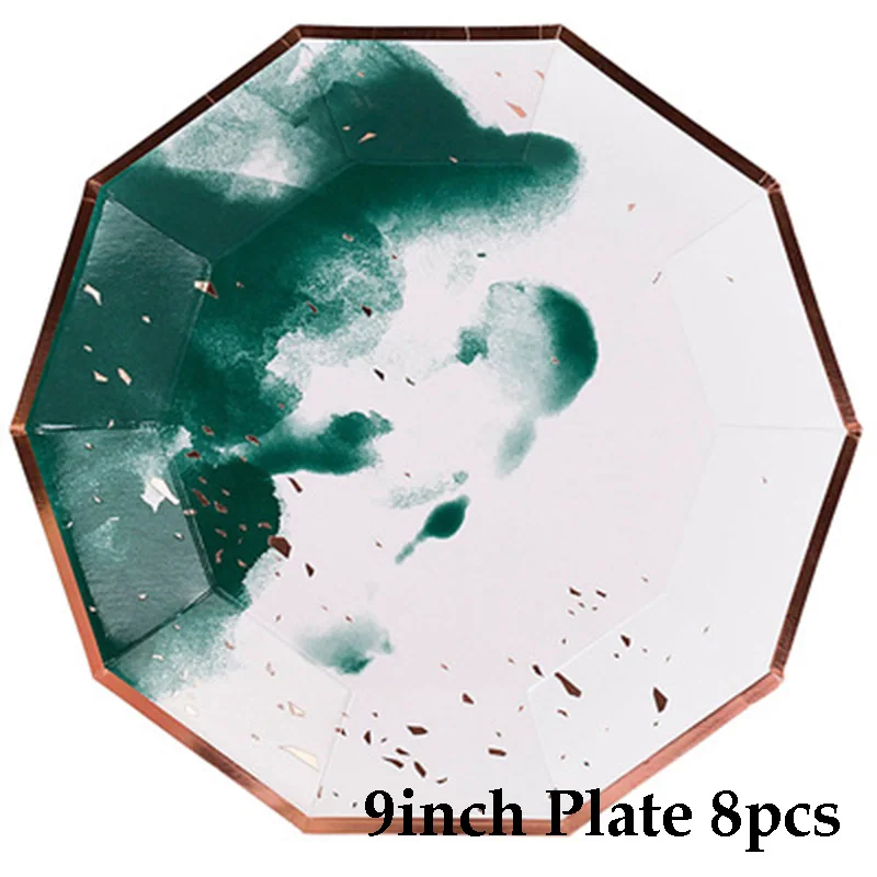 9inch plate 8pcs Одноразовая посуда Роза зеленая Акварельная большая бумажная тарелка высококачественные вечерние тарелки для декора чашки салфетки принадлежности для дня рождения свадьбы - Цвет: 9inch plate 8pcs