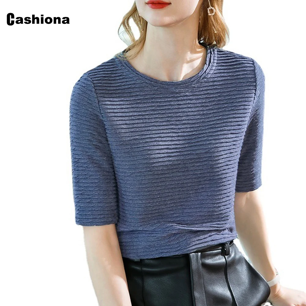 

Ladies Elegant Leisure Casual T-shirt Half Sleeve Niche French Plus size Femme Top 2021 New Spring Autumn Blue Khaki Tees shirt