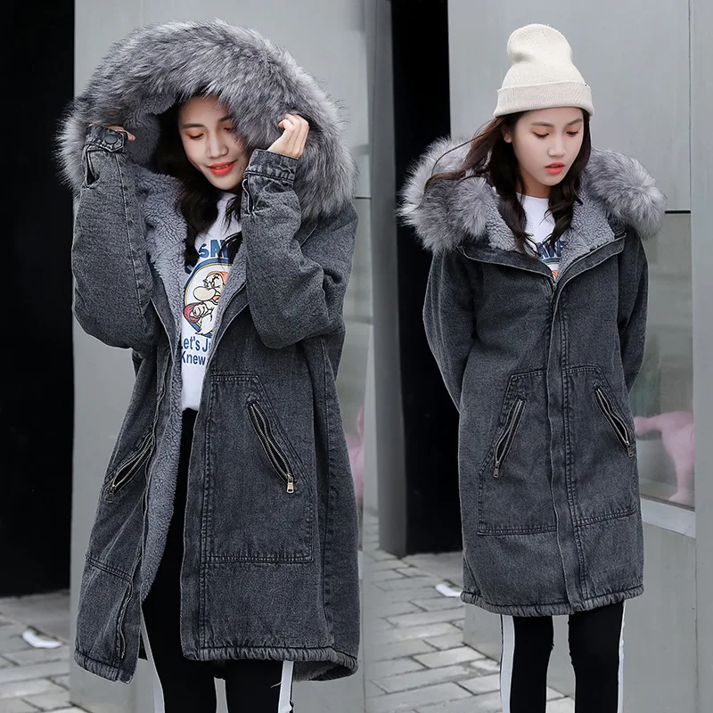 Женская одежда из хлопка большой размер свободный меховой воротник джинсовая