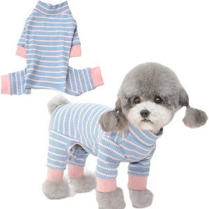 Strips Dog Clothes Cat Jumpsuit High Collar Long Sleeve 4-legs Shirt Sweatshirt Pajamas For Small Do