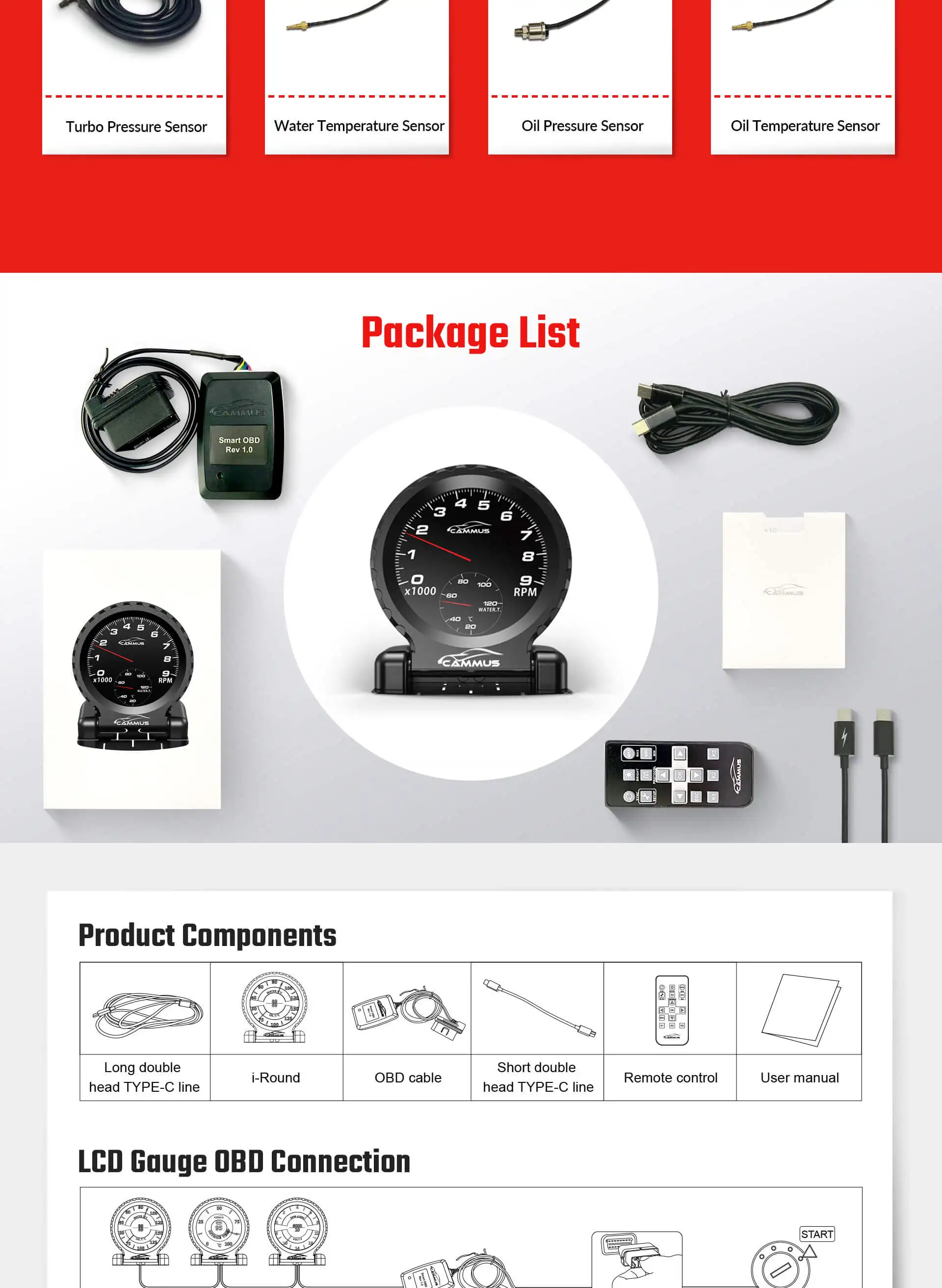 I-Round LCD гоночный манометр на выбор 6 цветов 13 в 1 P & OBD об/мин турбо вода воздушное
