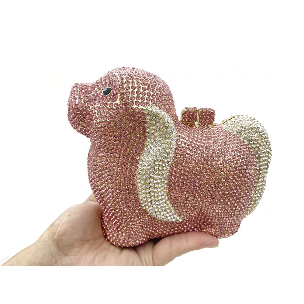 Lovely Pink Sea Lion Mini Purse Handmade Crystal Clutch Animal Shapes Evening Party Bags Hollow Out Rhinestones Woman's Handbags