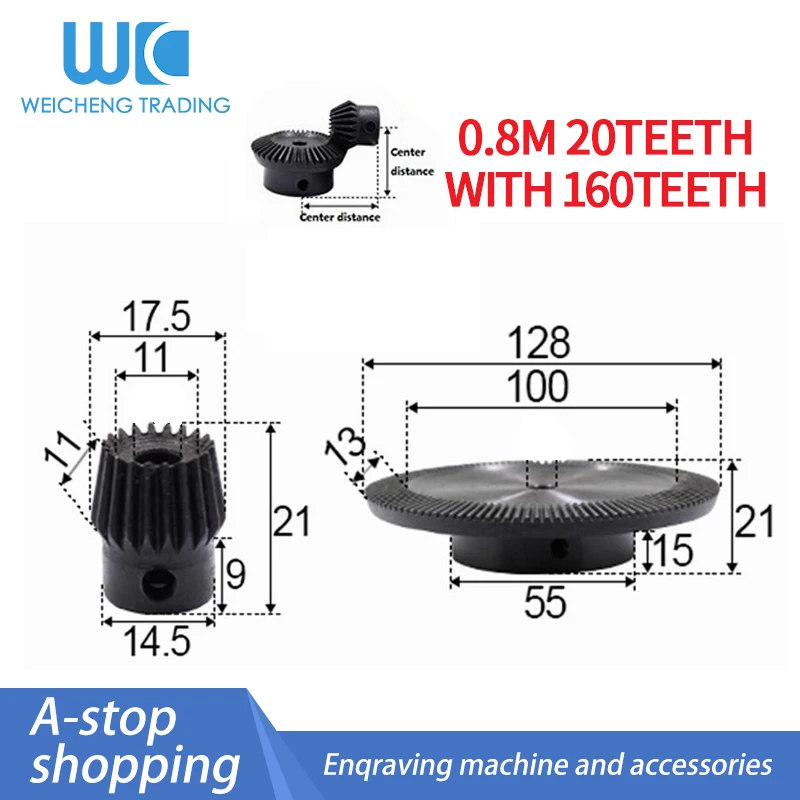 

2 шт., 1:8 коническая шестерня, 0,8 модуль, 20 зубьев + 160 зубьев, 90 градусов привод, коммутационная стальная шестерня