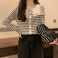 thin early spring and autumn sweater women 2021 new navy collar striped versatile long sleeved t shirt cropped top