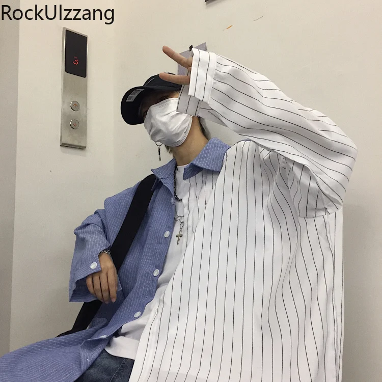 Блузка мужская оверсайз в полоску модная рубашка стиле пэчворк с длинным рукавом