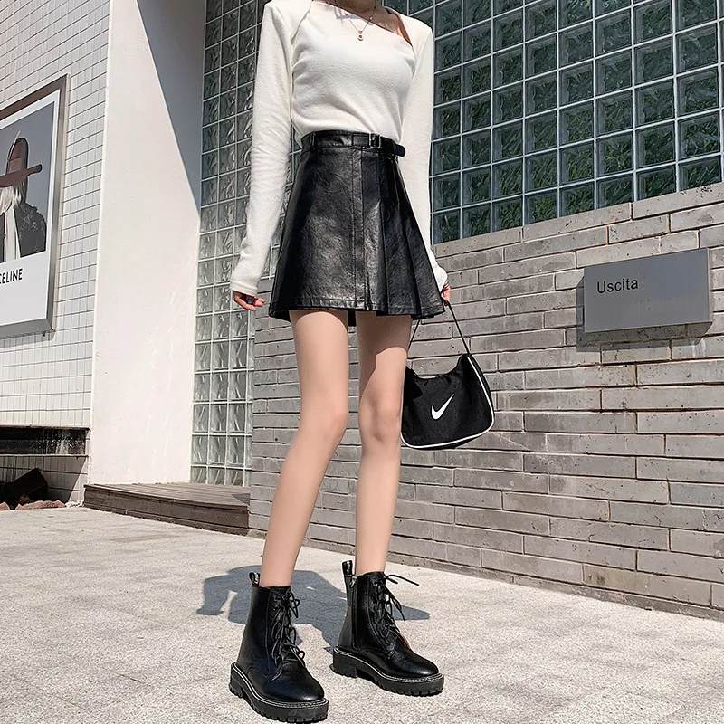 

Plus Size Womens Personality PU Leather Skirt Autumn Fashion High-waist A-line Pleated Short Skirt Club Street Party Wear