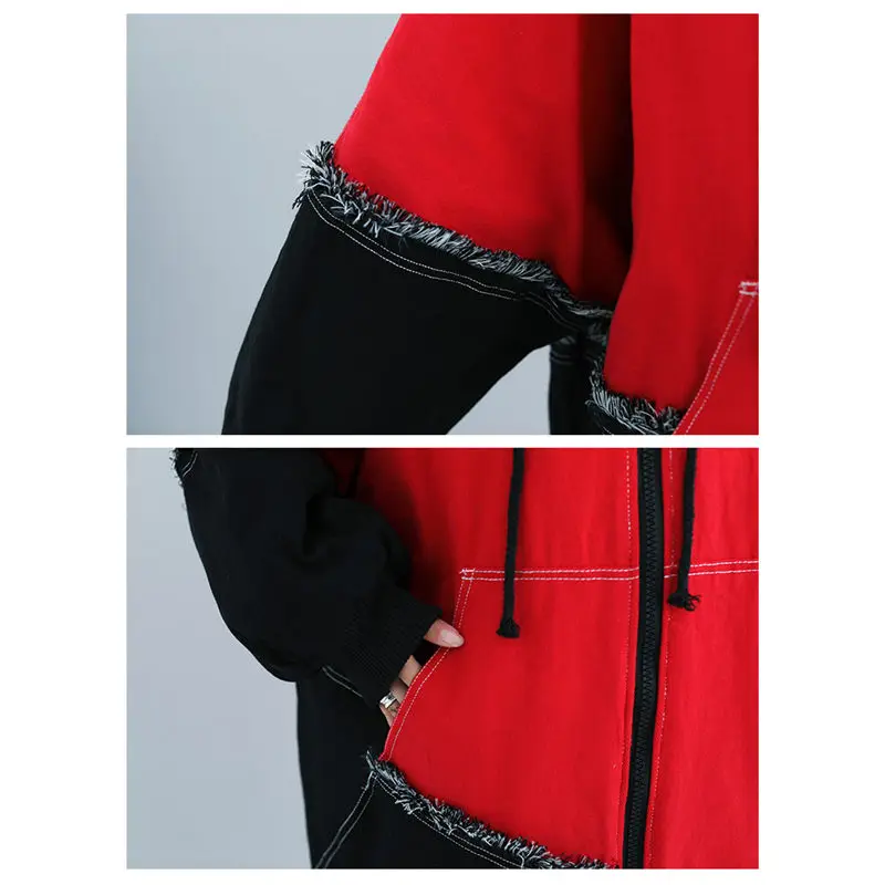 

Extra Large Size Women's Clothes Winter Overcoat Padded Cotton Coat Denim Fashion Hit Colors Patchwork Hooded Parka Jacket Lady