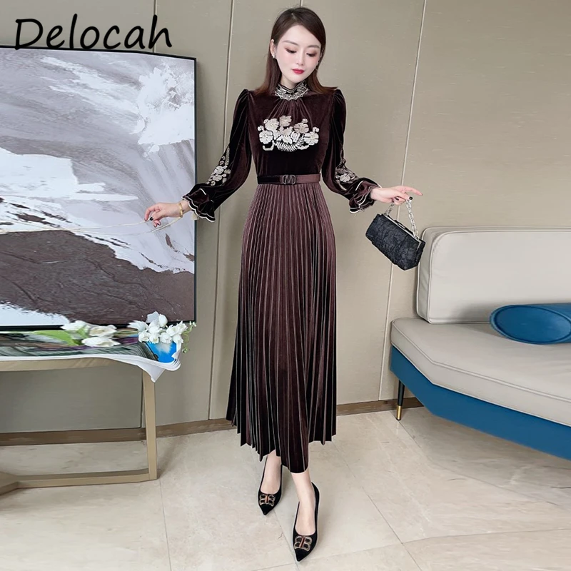 

Delocah New 2021 Autumn Women Fashion Runway Long Dress Flare Sleeve Embroidery Sashes Solid Printed Pleated Dresses Vestidos