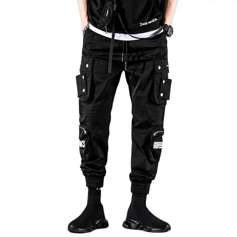

Men's fashion Black Tactics Cargo Pants Joggers Streetwear Sweatpants Male Harajuku Ribbon Pocket Trousers Elastic Waist