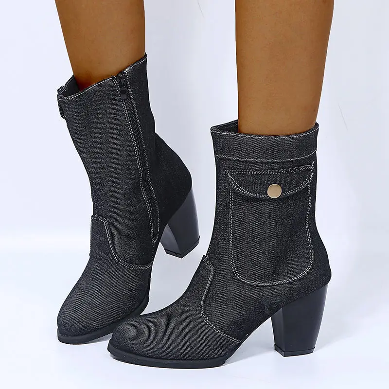 

35-43 European station Martin boots 41 trend denim high heels personalized thick heel short boots extra large women's shoes 42