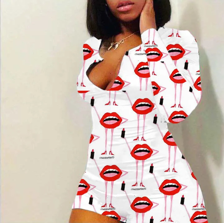 

Women Summer Home Bodysuits Multicolor Printed V-Neck Long Sleeves Tight-Fitting Jumpsuits for Ladies