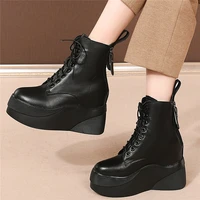 platform wedges ankle boots women genuine leather high heel pumps shoes female high top round toe fashion sneakers casual shoes