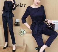 blue striped office two piece set women long sleeve tops with beltpants trousers ladies korean sets suits womens clothing 2019