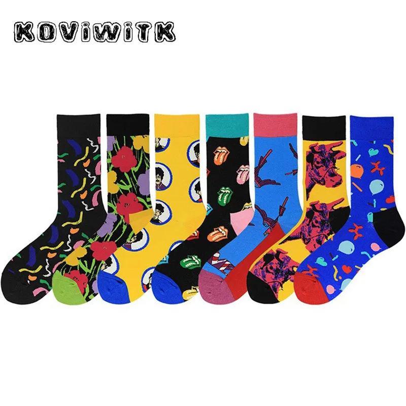 Мужские хлопковые носки в стиле хип-хоп зимние теплые средней длины с цветочным