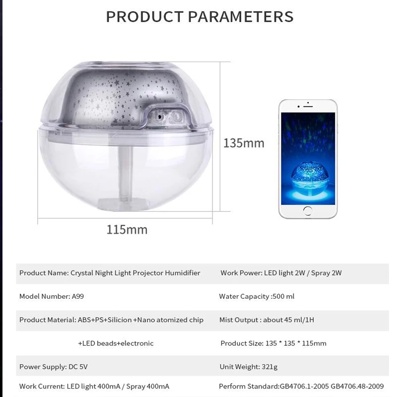 

500ML Air Humidifier USB Ultrasonic Aromatherapy Essential Oil Diffuser Baby Gifts LED Projector Light Crystal Night Lamp