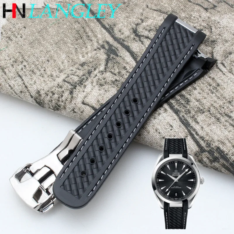 

Watch Band Curved End Silicone Rubber Watch Band Metal Buckle for Omega Strap Seamaster 300 AQUA TERRA AT150 8900 Tools 20mm