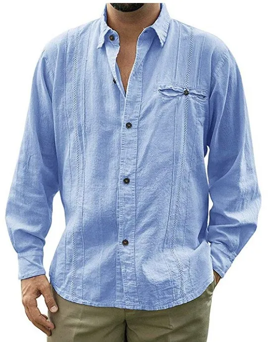

solid-color turn down collar long-sleeve linen man shirt