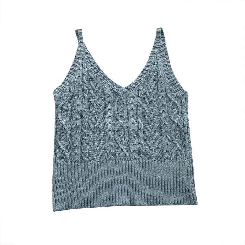 

2021 Summer Knitted Tanks Female Hemp Pattern Korean Slim Fit Black Sleeveless Camis Women Vest