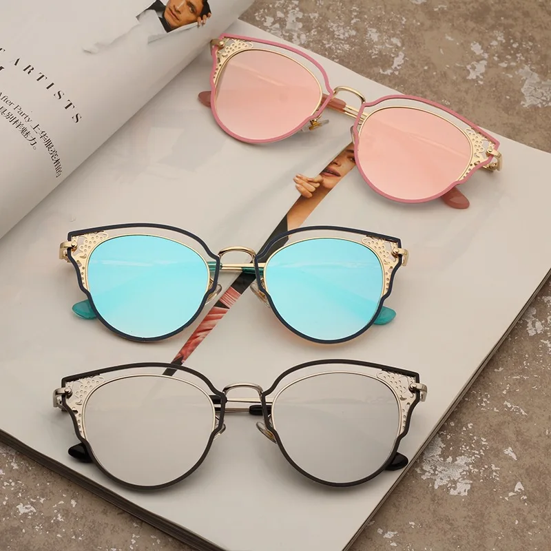 

Lady's Retro Cat eye Sunglasses Brand Designer Round Metal Frame Vintage Copper Pink Mirror Women Sun Glasses UV400