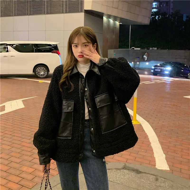 Anbenser Women's Leather Jacket Corduroy Stitching Autumn and Winter new Korean style loose short Motorcycle LeatherJacket Trend