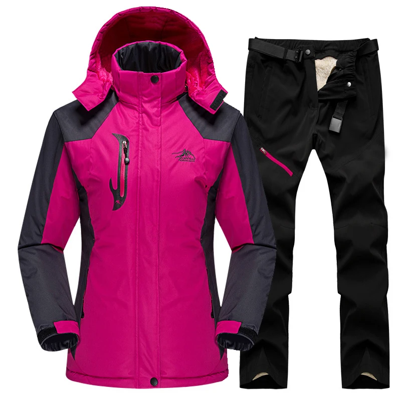 Rose red Black Лыжный костюм для женщин, уличная водонепроницаемая ветрозащитная куртка для сноуборда, лыжная куртка, штаны, зимние лыжные флисовые куртки, женский лыжный костюм - Цвет: Rose red Black