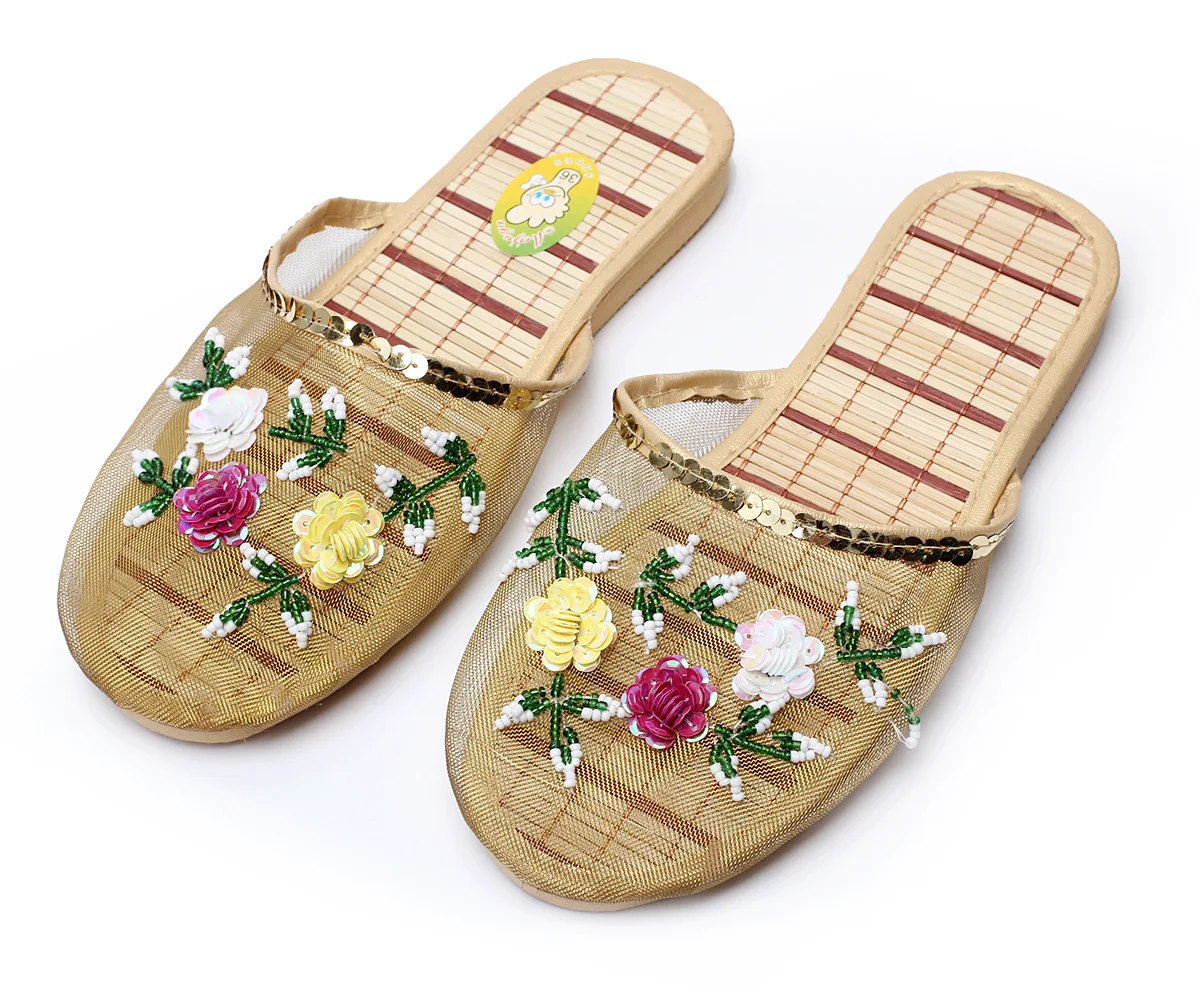 Women Indoor Slippers Sequin Flower Home Flat Shoes Lady Summer Hollow Out Mesh Beach Sandals Woman Flip Flops Casual | Обувь