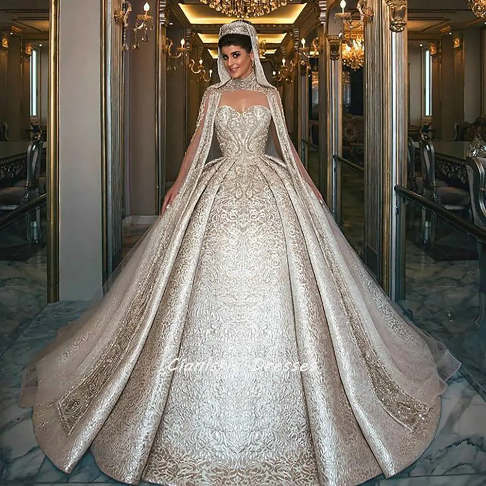 

Sumptuous 3D Embroidery Dubai Arabic Ball Gown Wedding Dress With Shawl Sleeveless Sweetheart Saudi Arabic Bridal Gown