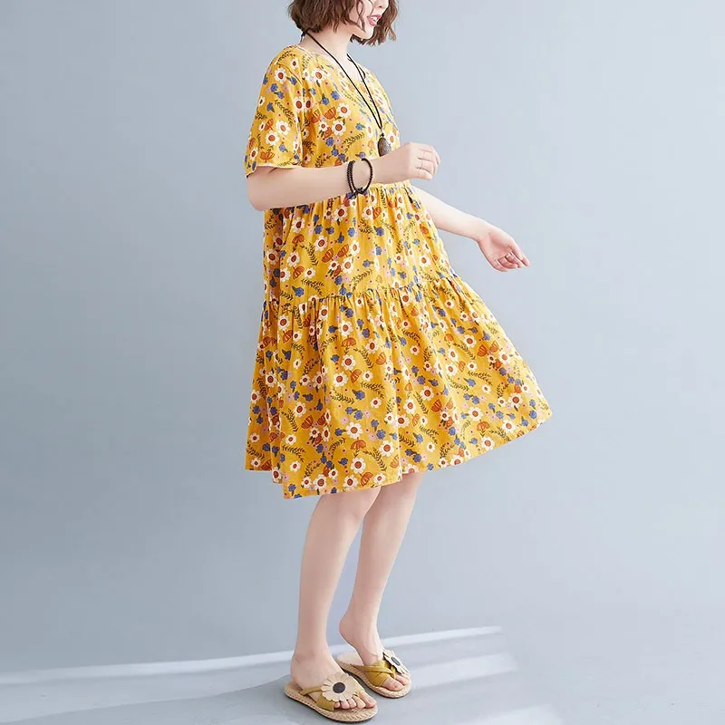 

Women Cotton Linen Casual Dress New Arrival 2021 Summer Vintage Style Floral Print Loose Female Knee-length A-line Dresses S3718