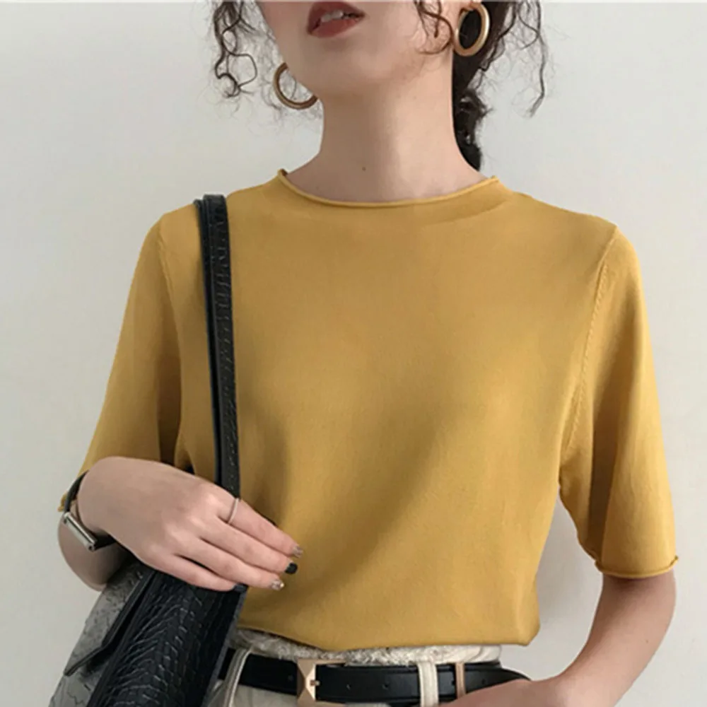 Футболка женская однотонная с коротким рукавом тонкий трикотажный топ круглым