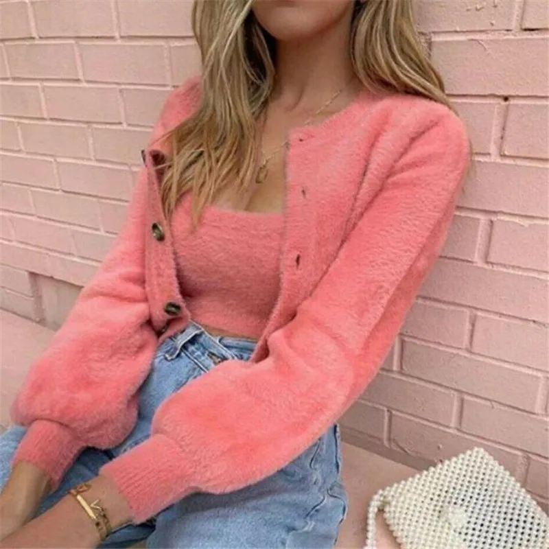 

2021 New Arrival Women's Sweater Fluffy Jumper Long Sleeve Slash Neck Ladies Warm Autumn Winter Pullover 2 Color Pink Green Tops
