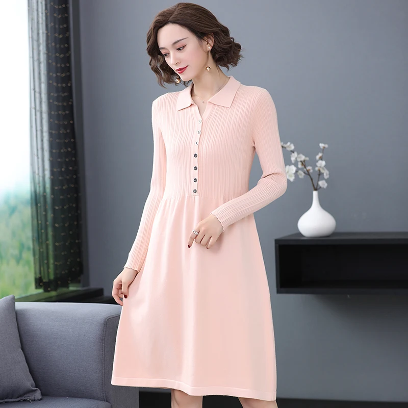 

Новое поступление, элегантное женское Шерстяное Платье-Свитер, осенне-зимнее модное вязаное платье на пуговицах, кашемировое платье-свитер