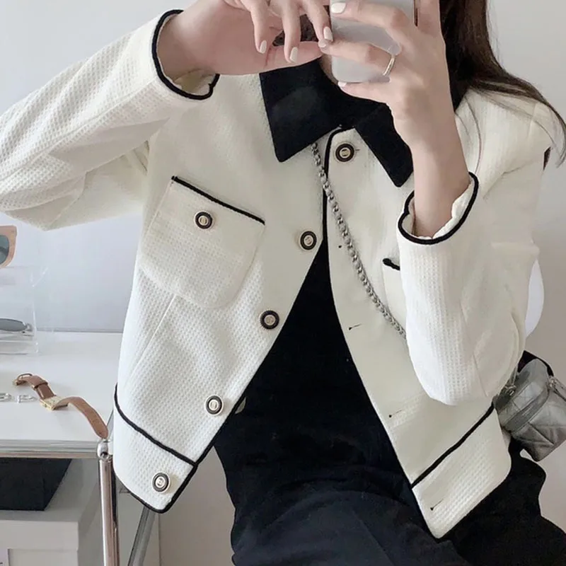 

Women Lapel Bordered Line Contrast Color Chic Button Loose Pocket Cardigan Short Coat Autumn Korea Elegant Temperament Jacket