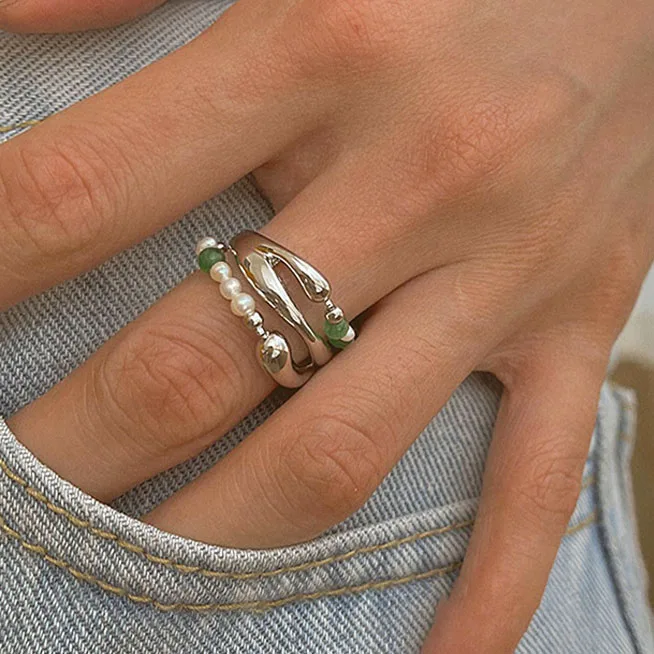 

French Vintage Personality Design Multi-layer Beads Silver Color Metal Round Wide Finger Rings For Women Fashion Jewelry Gift