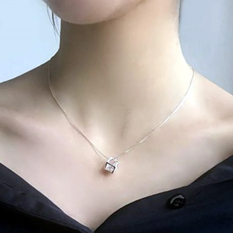

925 Sterling Silver Square Pendant Necklace For Women 40CM-60CM Rolo Chain Woman Wedding Engagement Party Jewelry Gifts