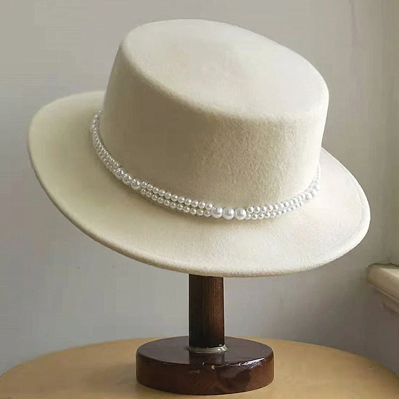 

Winter Fedora for Women Wool Felt Boater Hat pearls band Flat Top Pork Pie Style Wide Brim Wedding Churc hat Adjustable Vintage