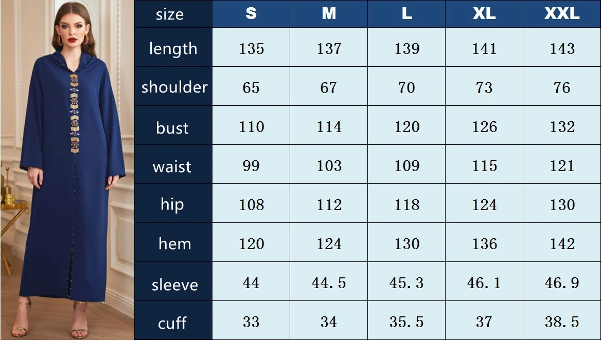 

Middle East Muslim Dress Dark Blue Gold Tube Hand Sewn Rhinestones Robes Moroccan Style Luxury Abaya Muslim Women's Clothing