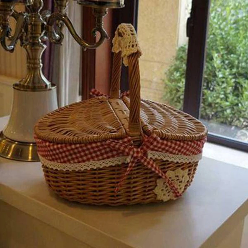

Wicker Willow Woven Picnic Basket with Lid and Handle Camping Picnic Shopping Food Fruit Picnic Basket